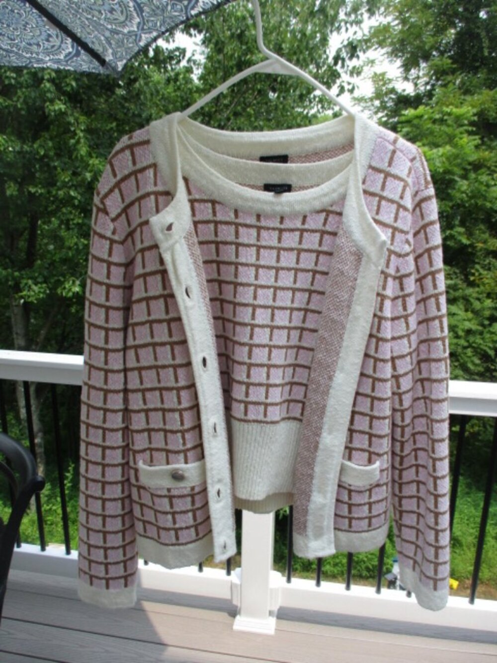 Talbots Pink & Cream Plaid Cotton Sweater Set Sz Large